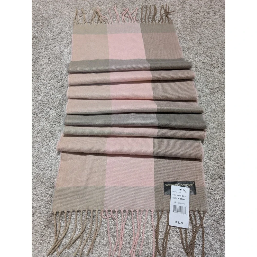 D&Y Scarf‎ Women Brown Pink Plaid Softer Than Cashmere Acrylic Fringe Wrap New